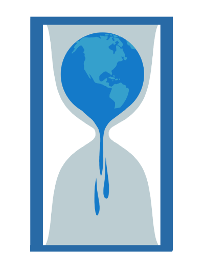 A blue earth is featured within the top part of an hourglass, it’s contents beginning to fall into the bottom of the hour glass to depict the urgency needed in responding to climate change.