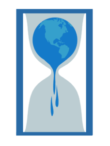 Une terre bleue est représentée dans la partie supérieure d'un sablier, dont le contenu commence à tomber au fond du sablier pour illustrer l'urgence de la réponse à apporter au changement climatique.